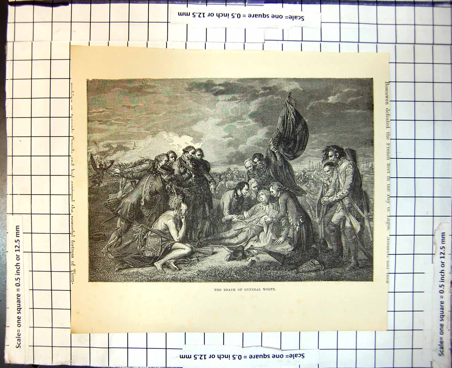 Original Old Antique Print Death General Wolfe Surrounded Siers Flag