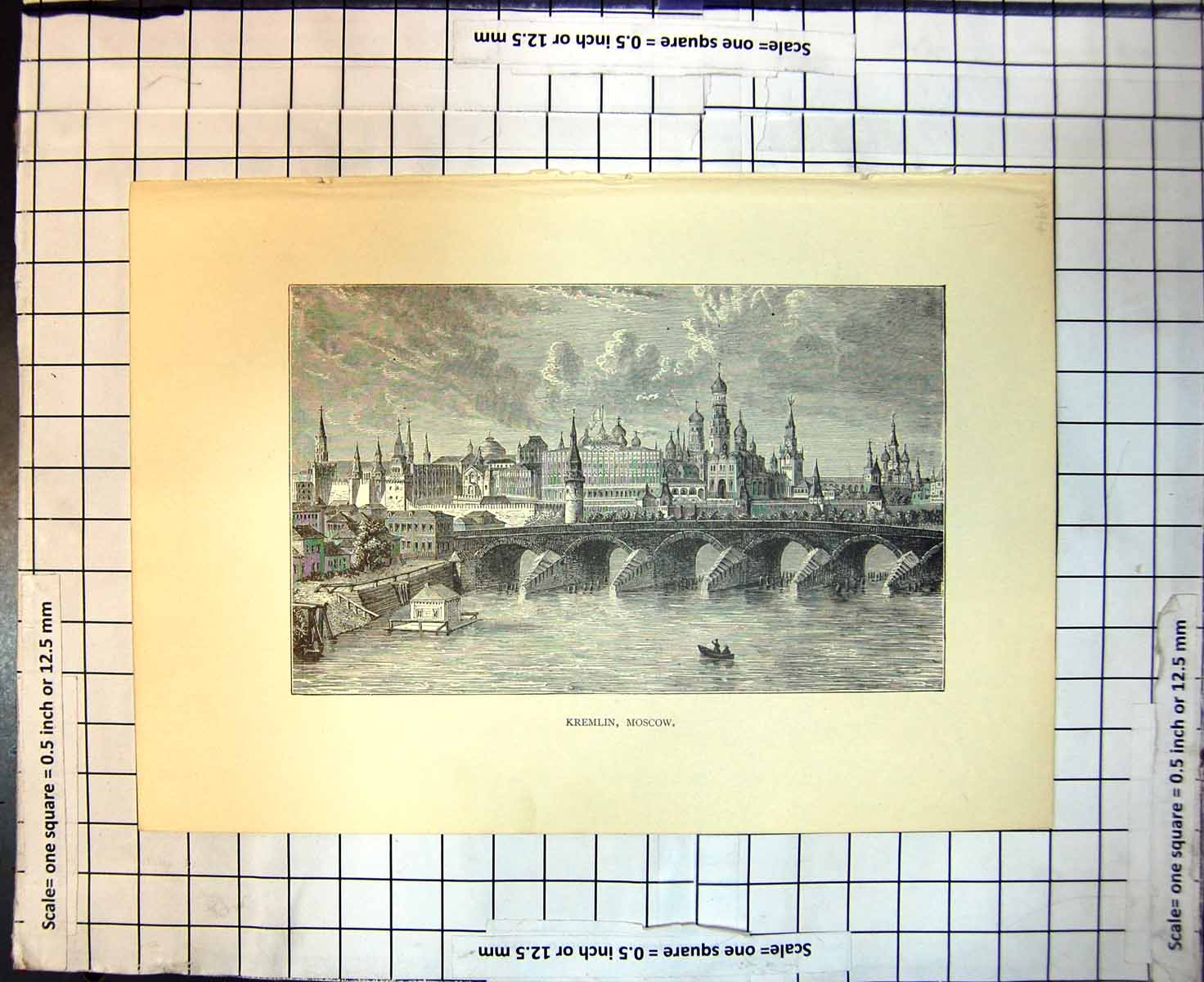 Original Old Antique Print View Kremlin Moscow River Bridge