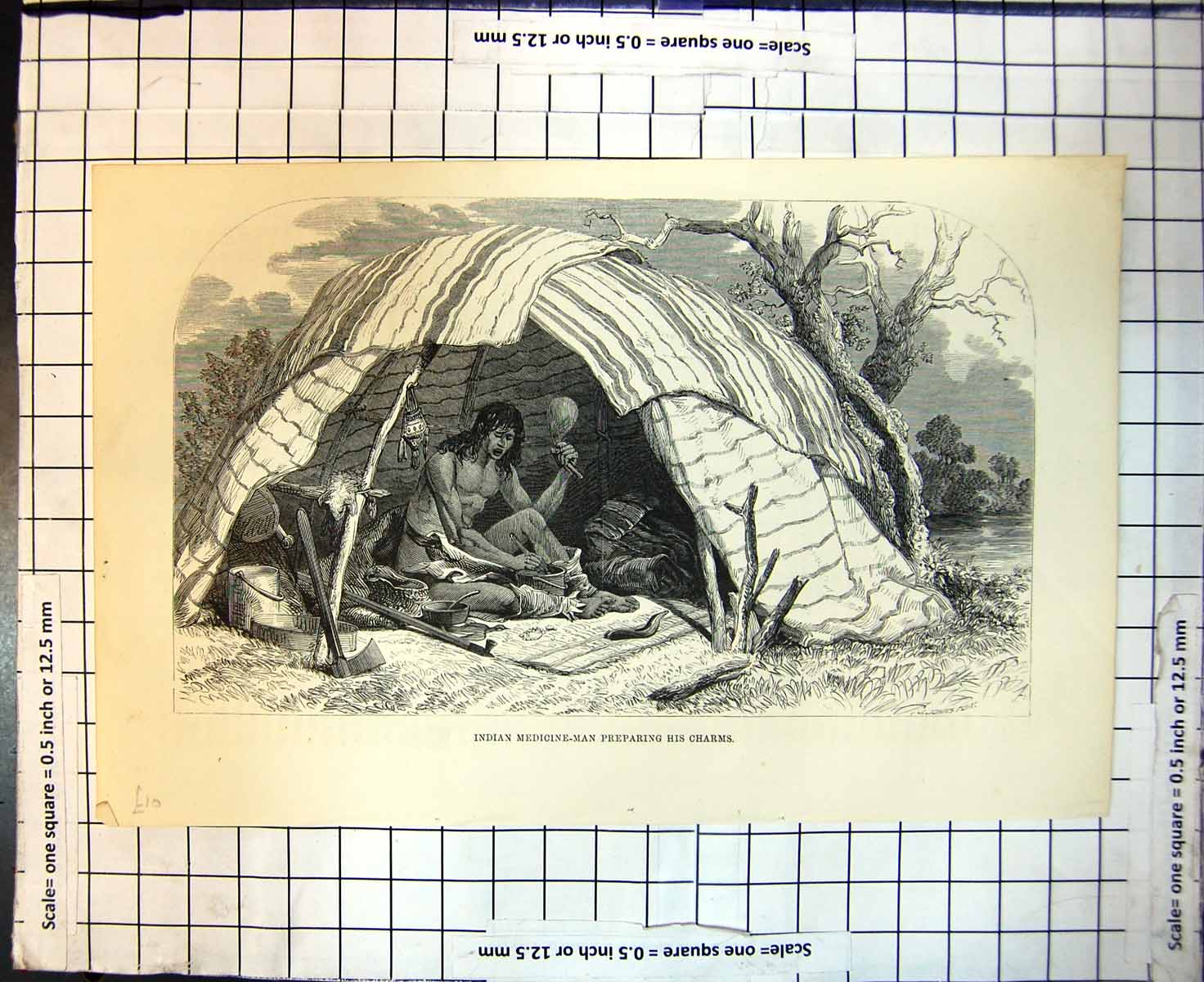 Original Old Antique Print Indian Medicine Man Preparing His Charms Tent