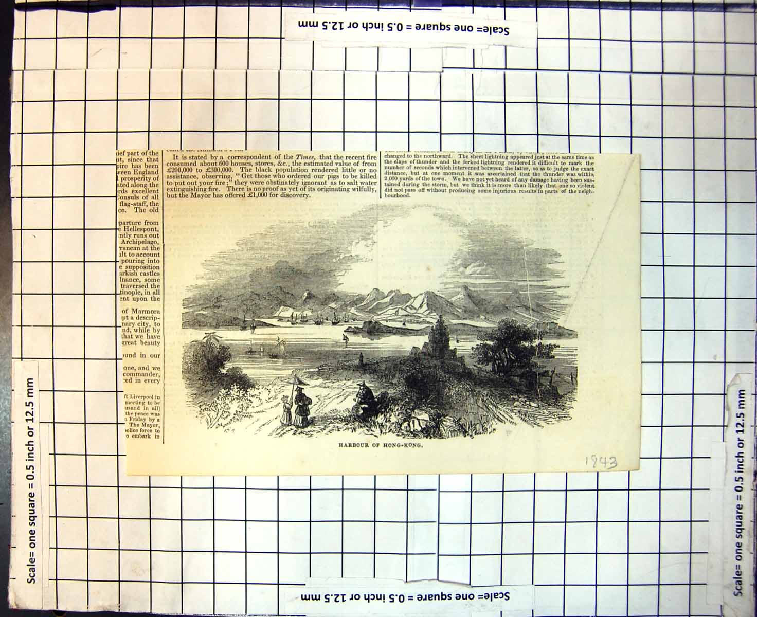 Original Old Antique Print Harbour Hong Kong Ships Bay Mountains 1843 19th