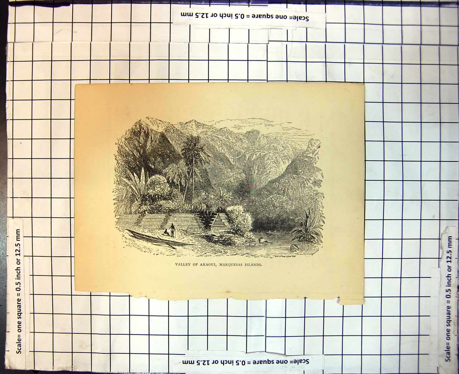 Old Print Valley Akaoui Marquesas Islands Boat Palm Trees Lake Mountains