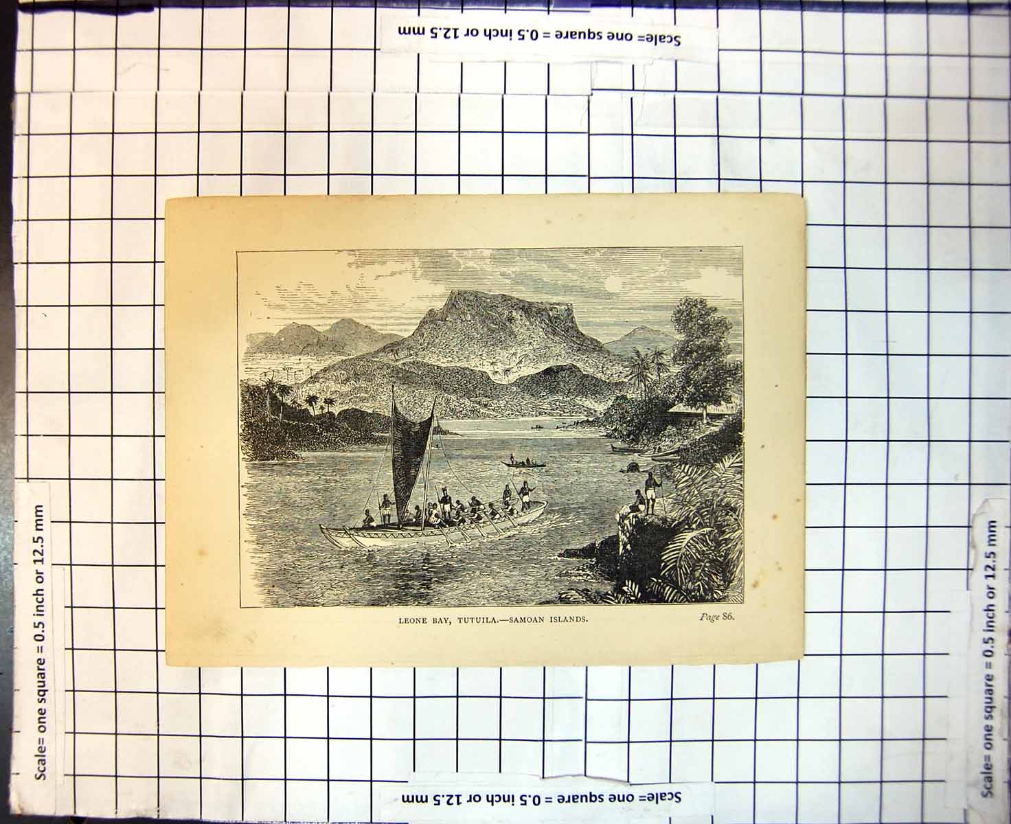 Original Old Antique Print Leone Bay Tutuila Samoan Islands Sailing Ship