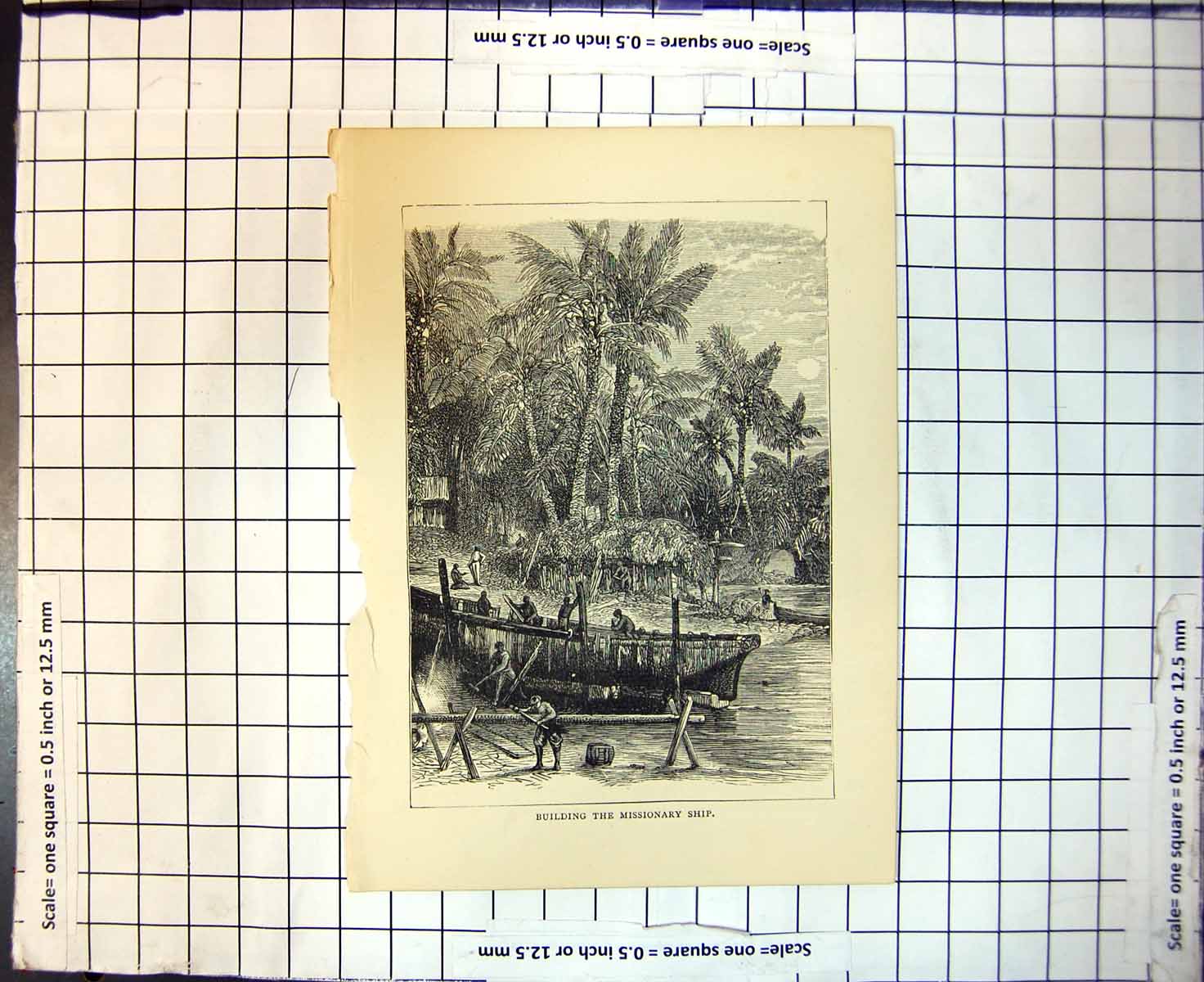 Original Old Antique Print Building The Missionary Ship