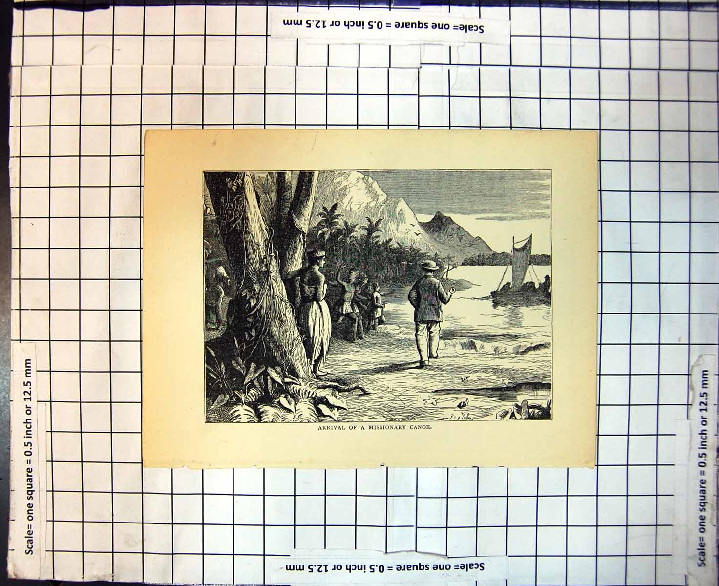 Original Old Antique Print Arrival Missionary Canoe