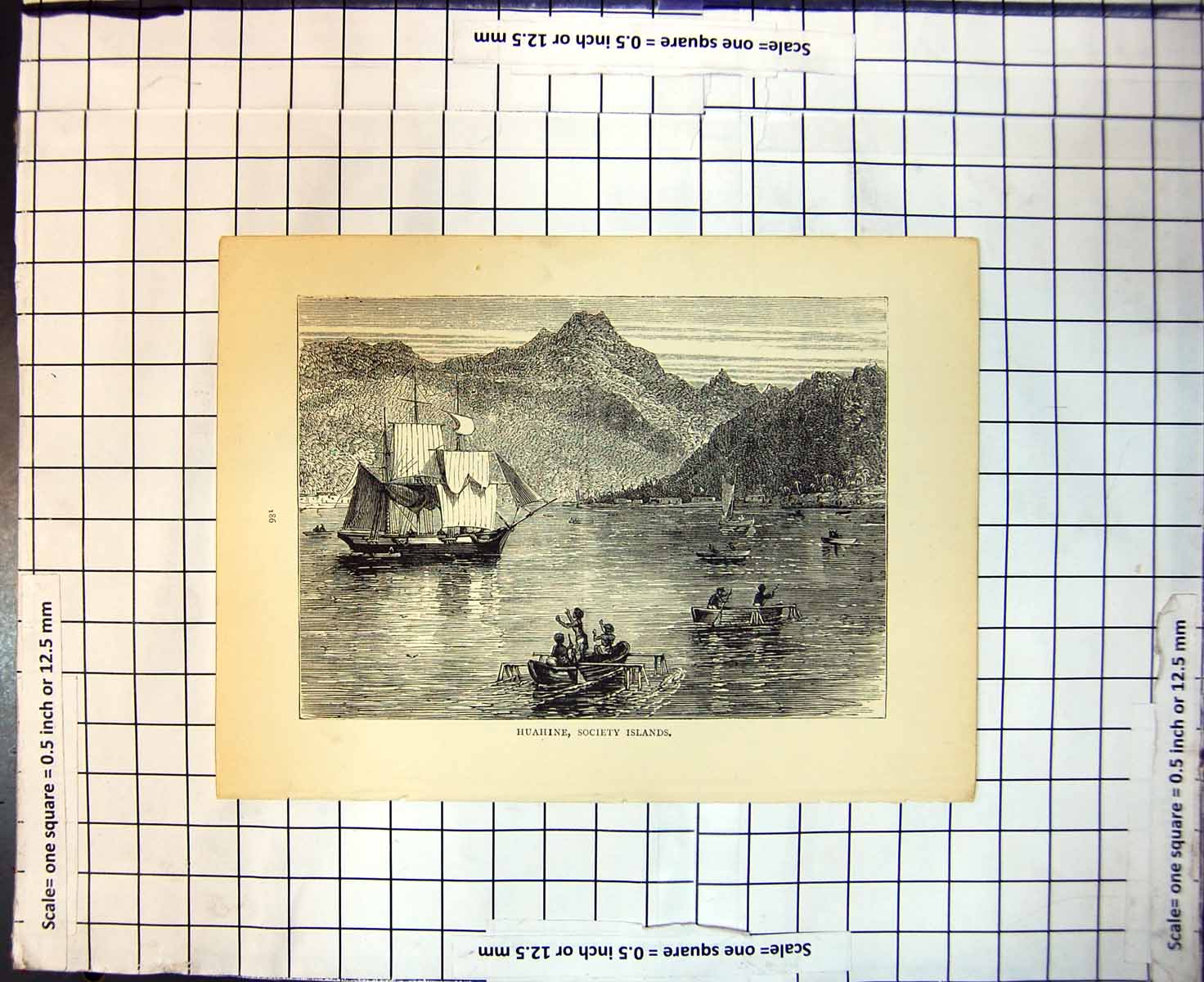 Original Old Antique Print Huahine Society Islands Sailing Ship Small Boats