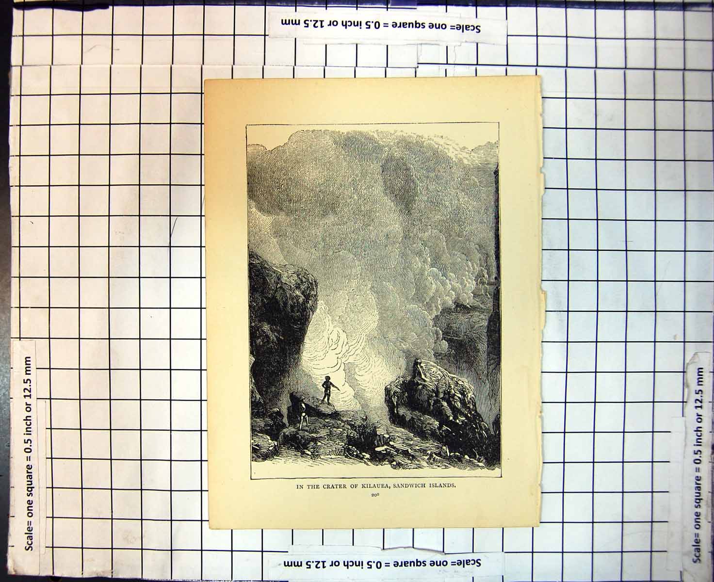 Original Old Antique Print In Crater Kilauea Sandwich Islands Steam