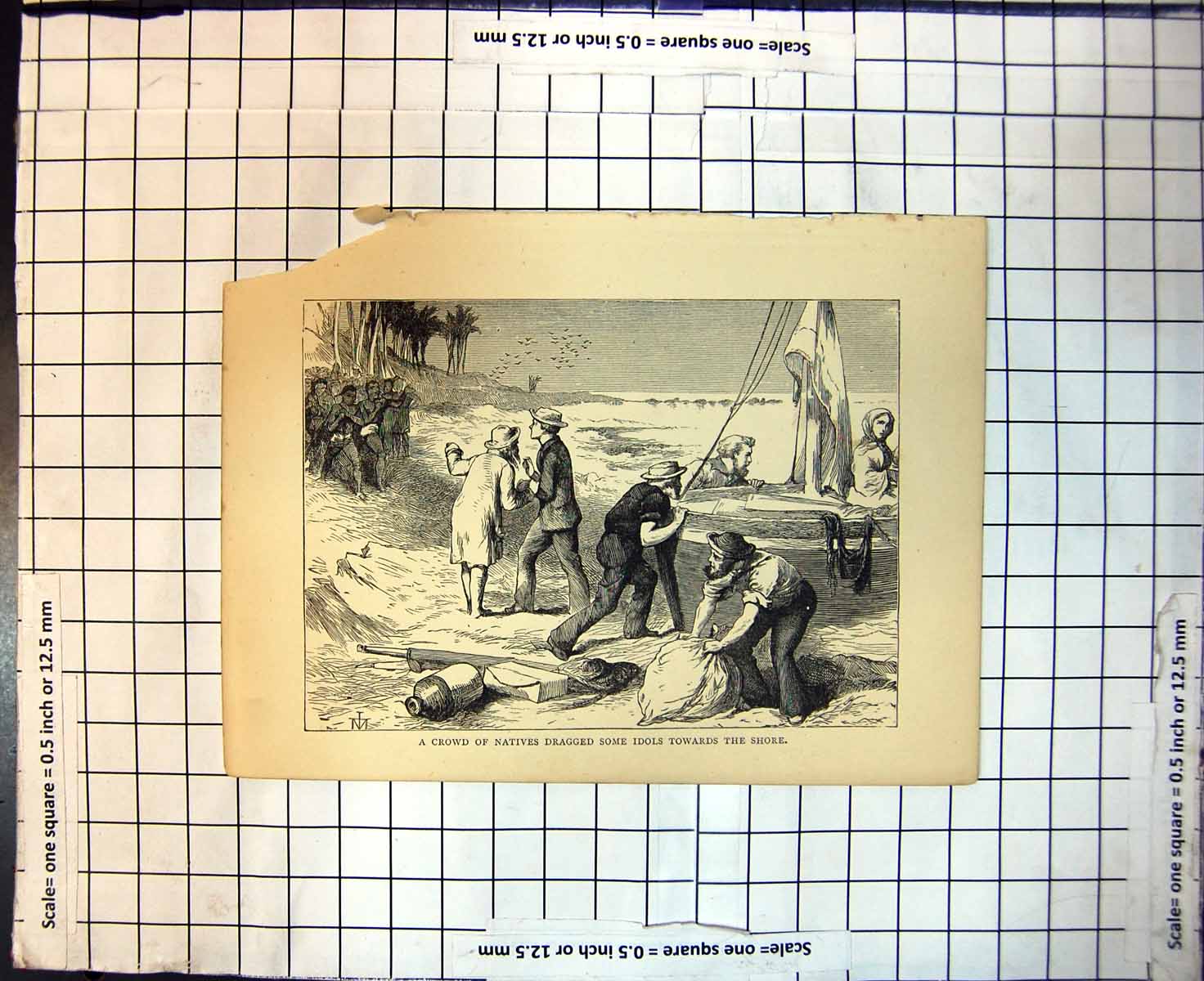 Original Old Antique Print Crowd Natives Dragged Some Idols Towards Shore