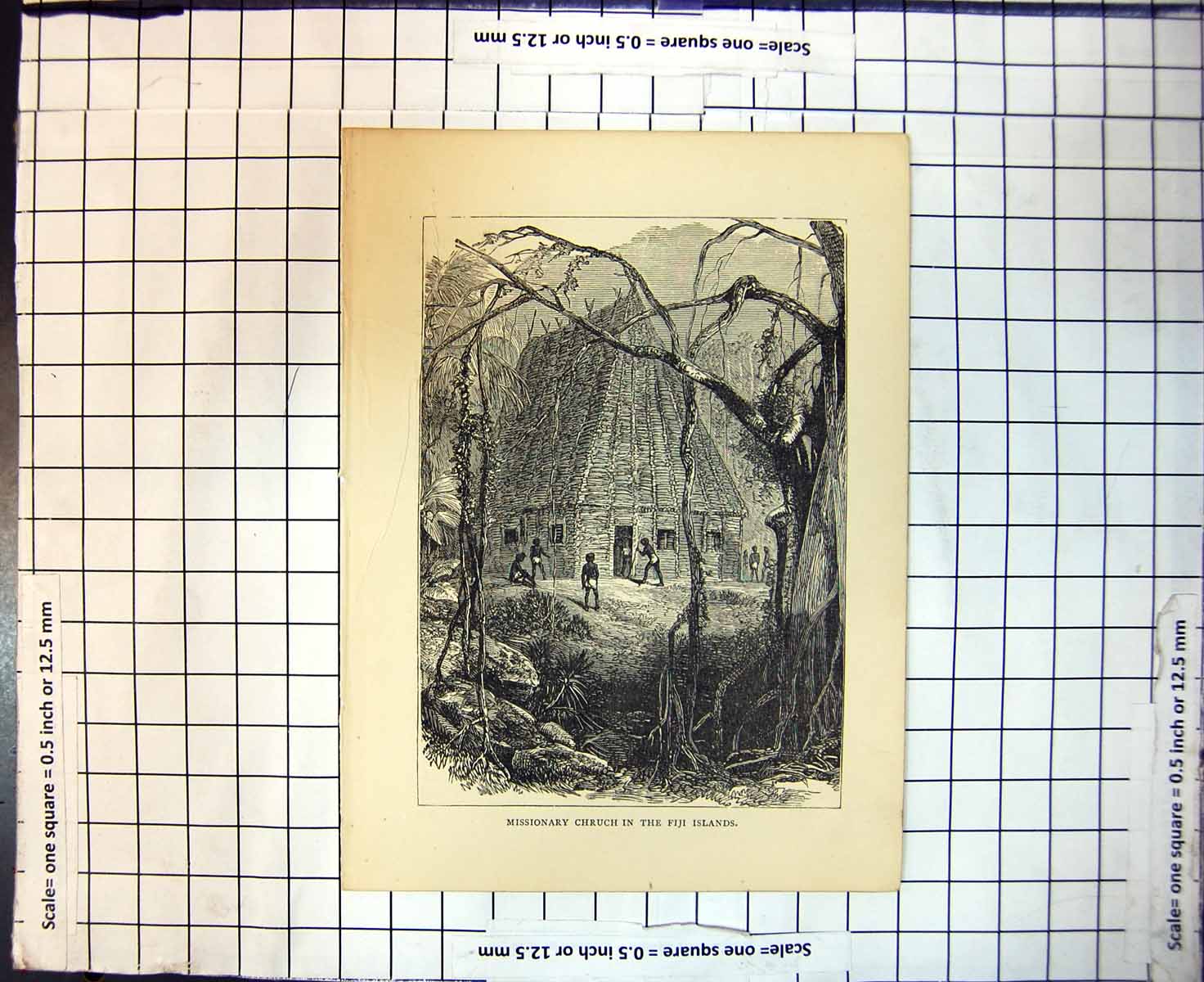 Original Old Antique Print Missionary Church In Fiji Islands