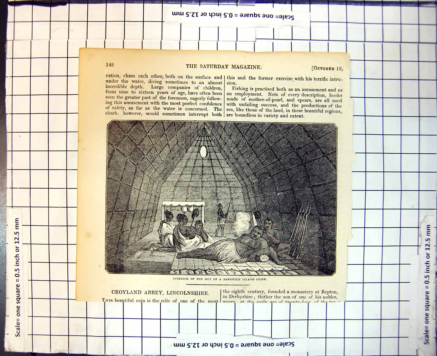 Original Old Antique Print Interior Hut Sandwich Island Chief Lying On Rug