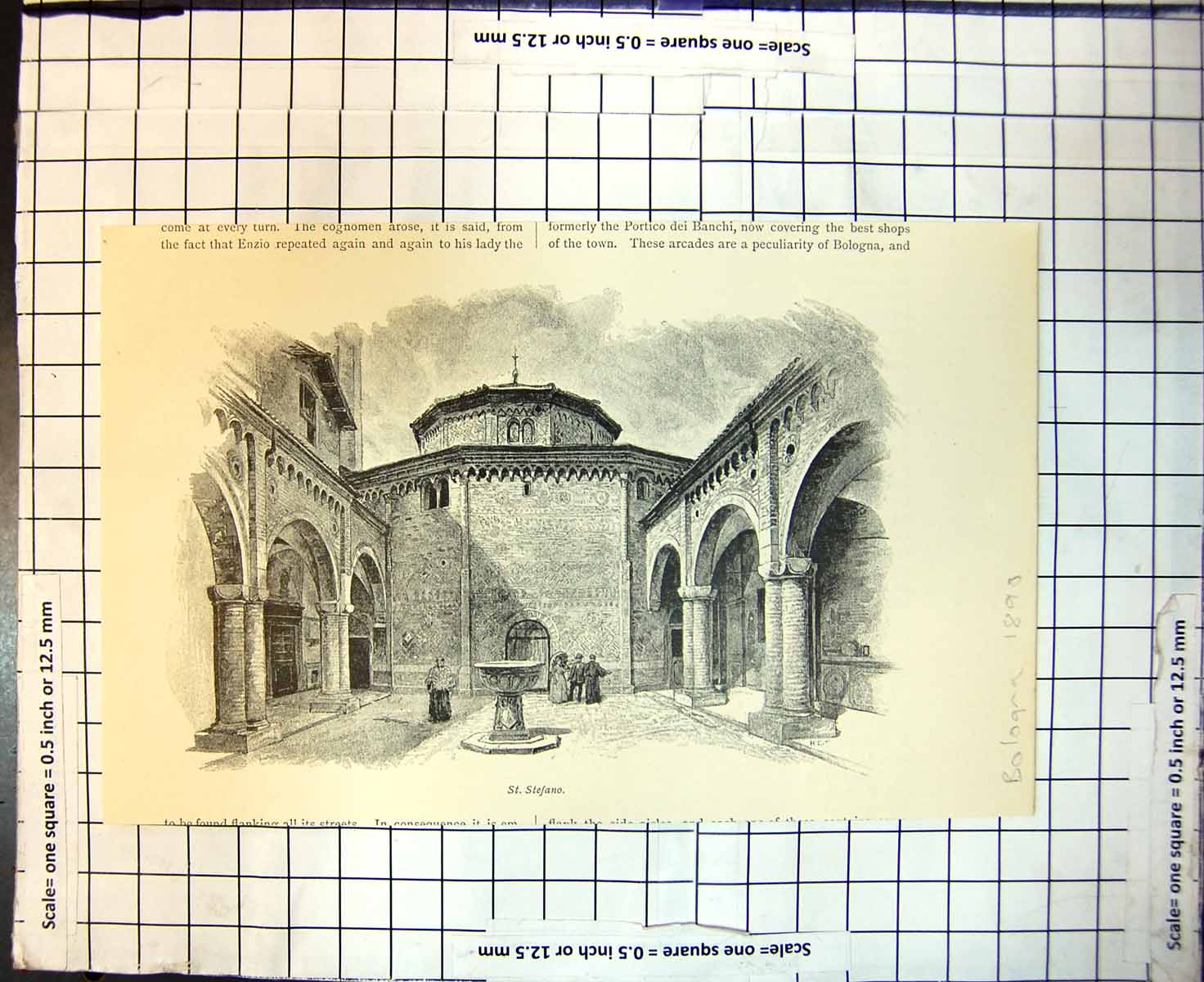Original Old Antique Print St Stefano Square Fountain Bolgna 1890Victorian