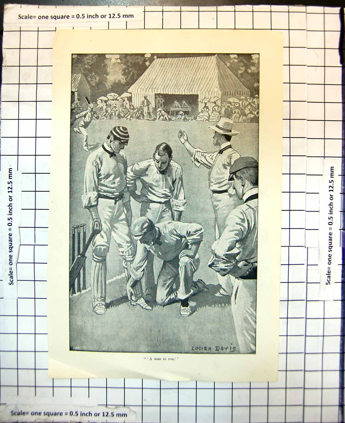 Old Antique Print Cricket Match Man To Run Lucien Davis Umpire Players