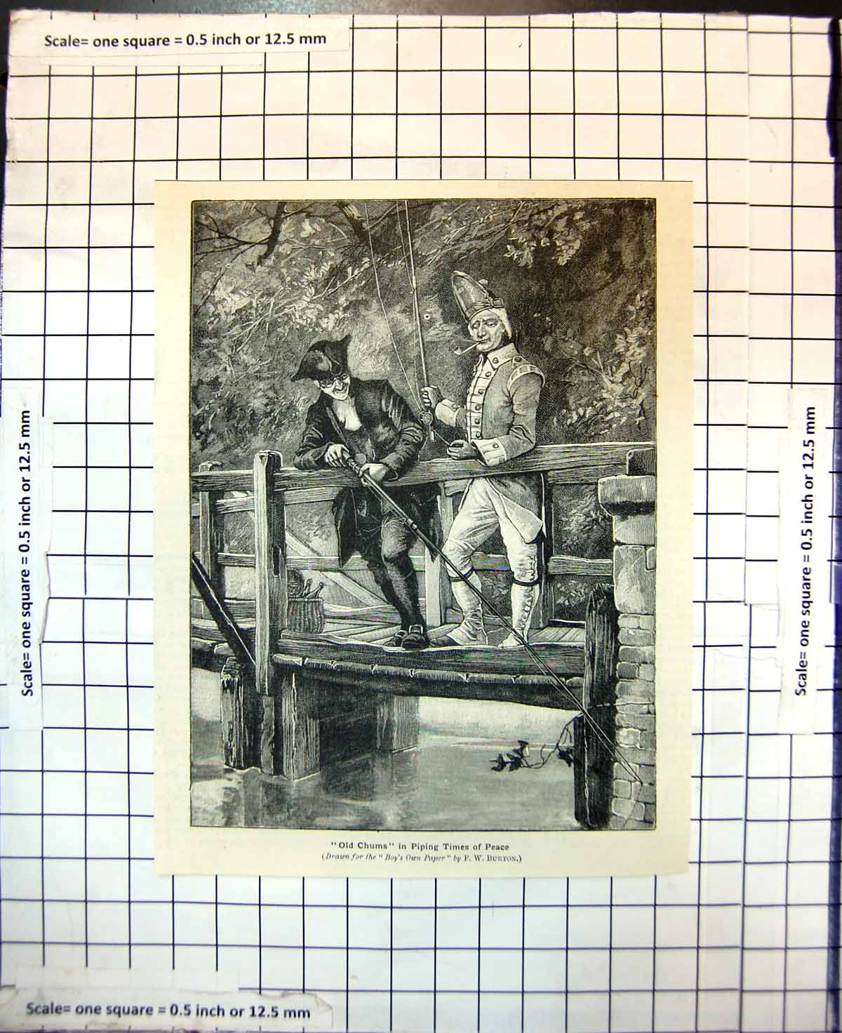 Antique Old Print Chums Piping Times Peace Fishing Bridge F W Burton 1895 19th