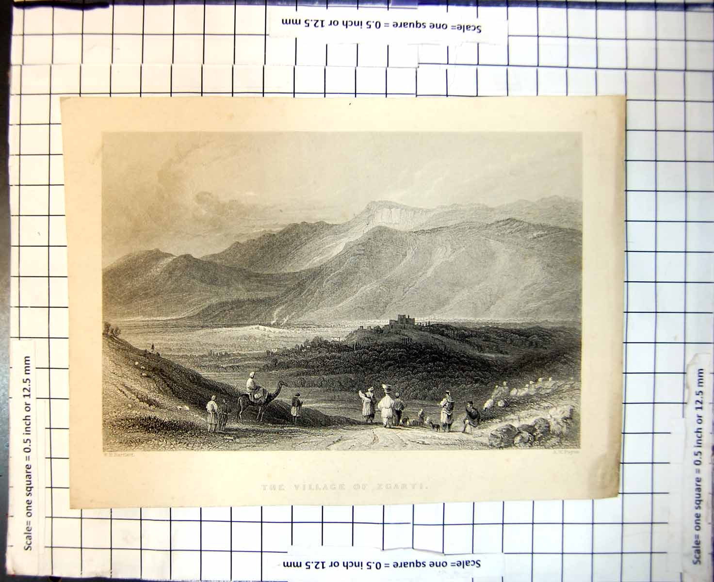 Original Old Antique Print Village Zgarti Fort Hill Gathering Sheep Hillside