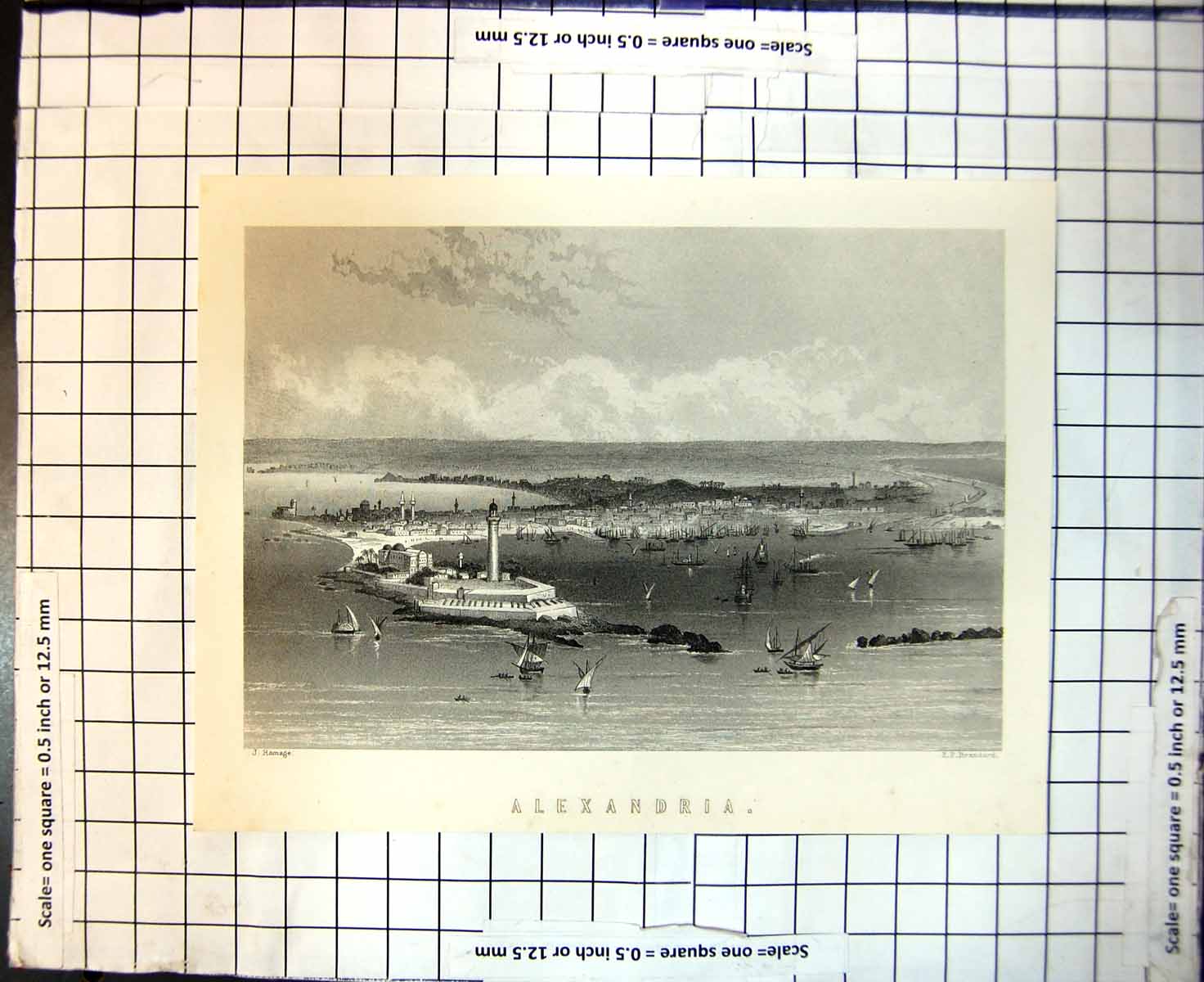 Original Old Antique Print Alexandria Port City Ships Bay River
