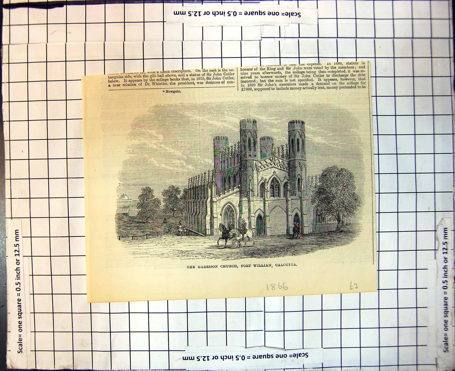 Original Old Antique Print Garrison Church Fort William Calcutta 1866 19th