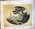 Old Antique Print Country Scene Crossing Bridge River Cottage Windmill