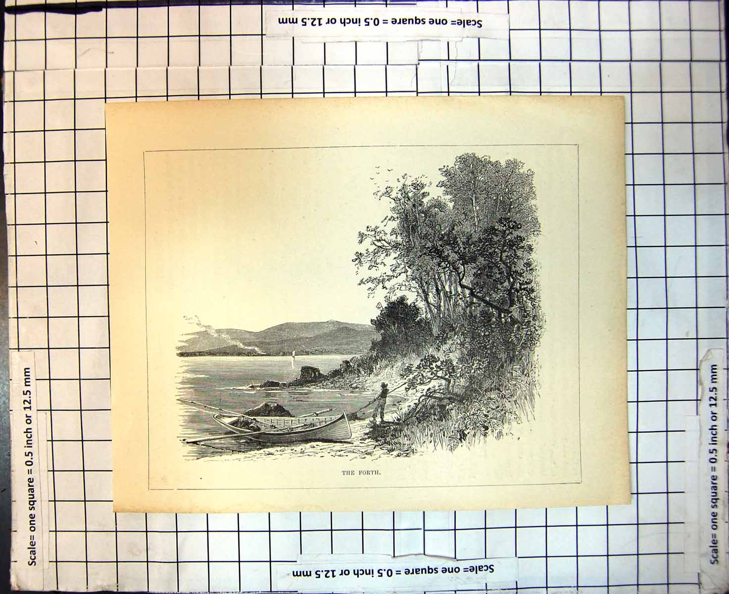 Original Old Antique Print The Forth One Largest Rivers Scotland Man Boat