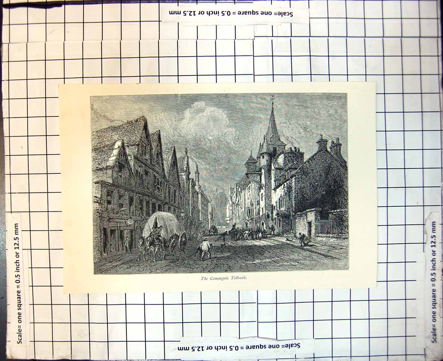 Antique Old Print Canongate Tolbooth Edinburgh Cobbled Street Horse Carriage
