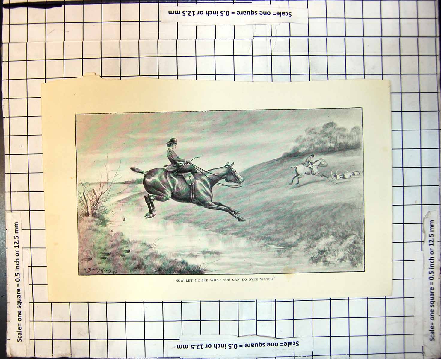 Antique Print Now Let Me See What You Can Do Over Water Lady Horse Jumping