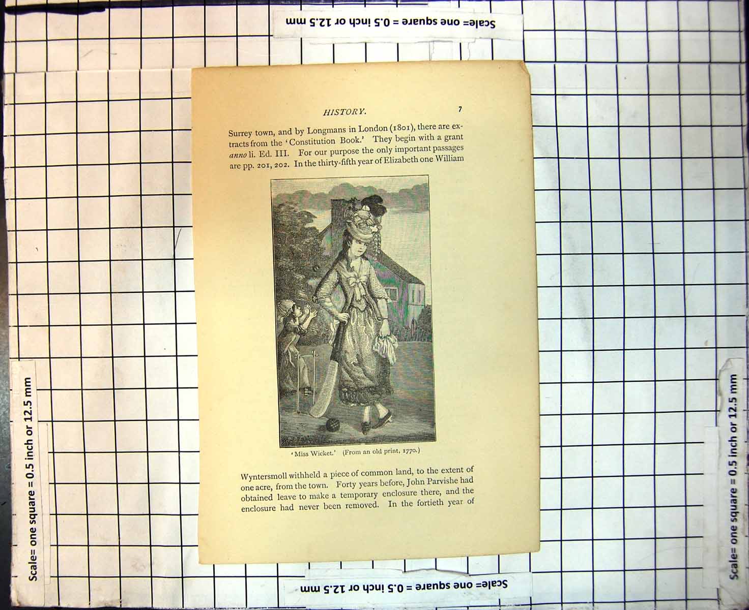 Original Old Antique Print Miss Wicket From 1770 Lady Cricket Bat Ball 18th