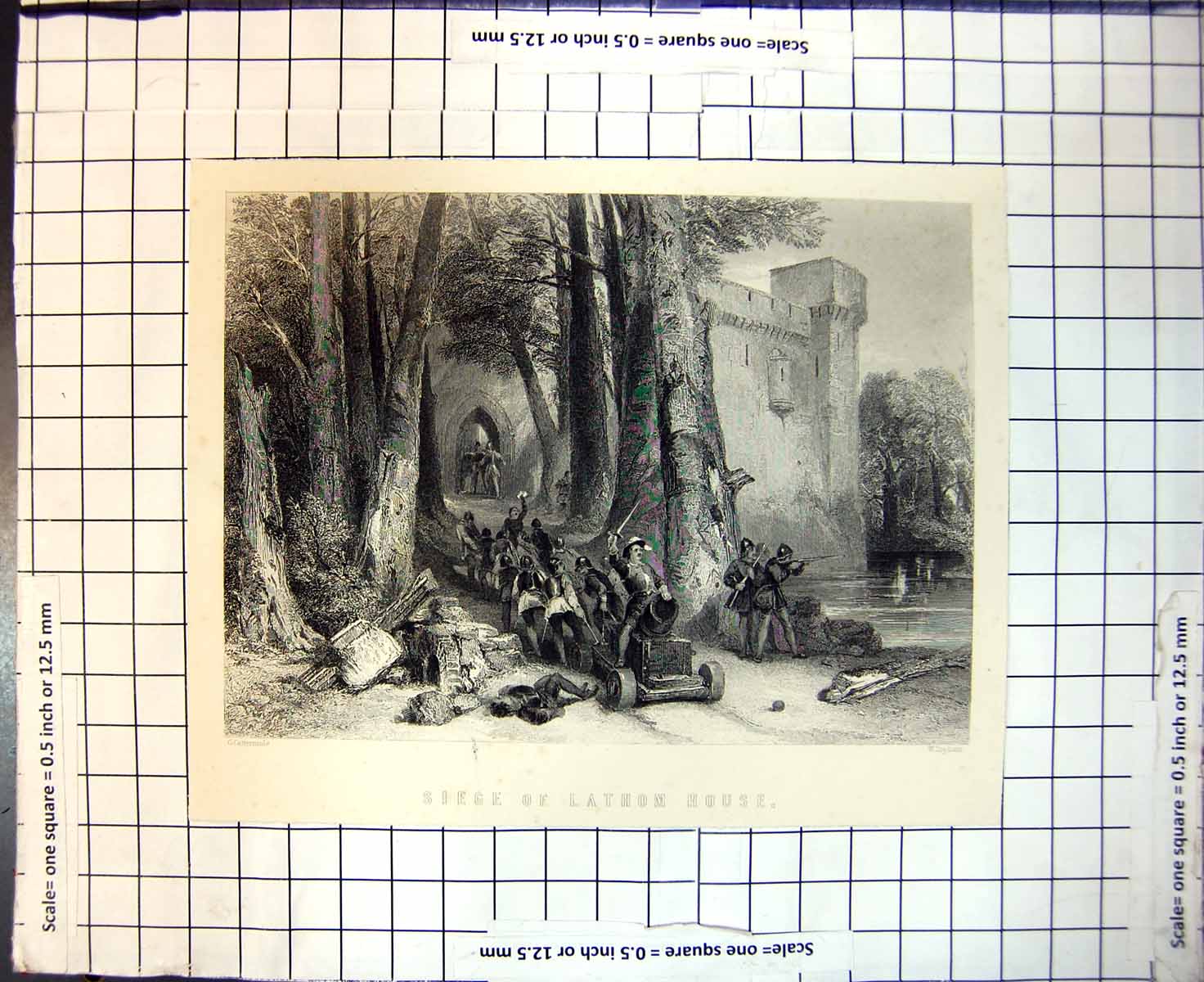 Original Old Antique Print Siege Lathon House Siers Canon Rifles Swords