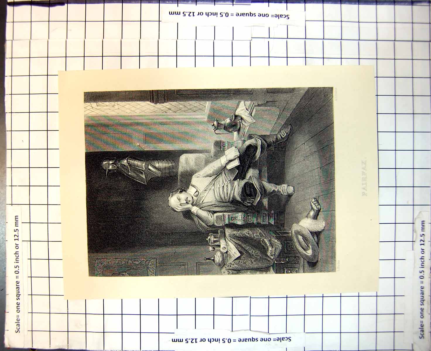 Old Print Fairfax Relaxing Armchair Book Feather Hat Set Armour L Hicks