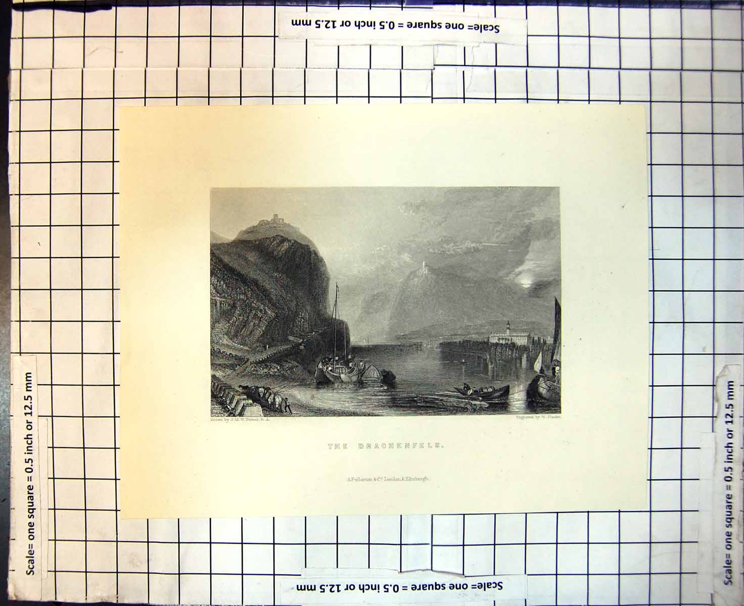 Original Old Antique Print The Drachenfels Hill Rocks Fort Germany Boats Water