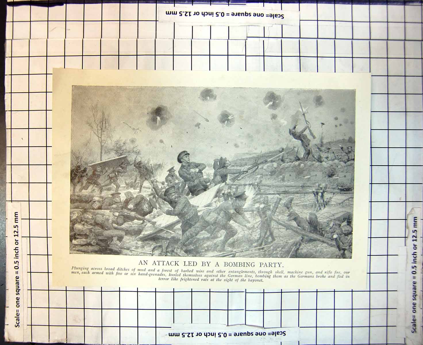 Antique Print Attack Led By Bombing Party Hand-Grenades Shells German Line