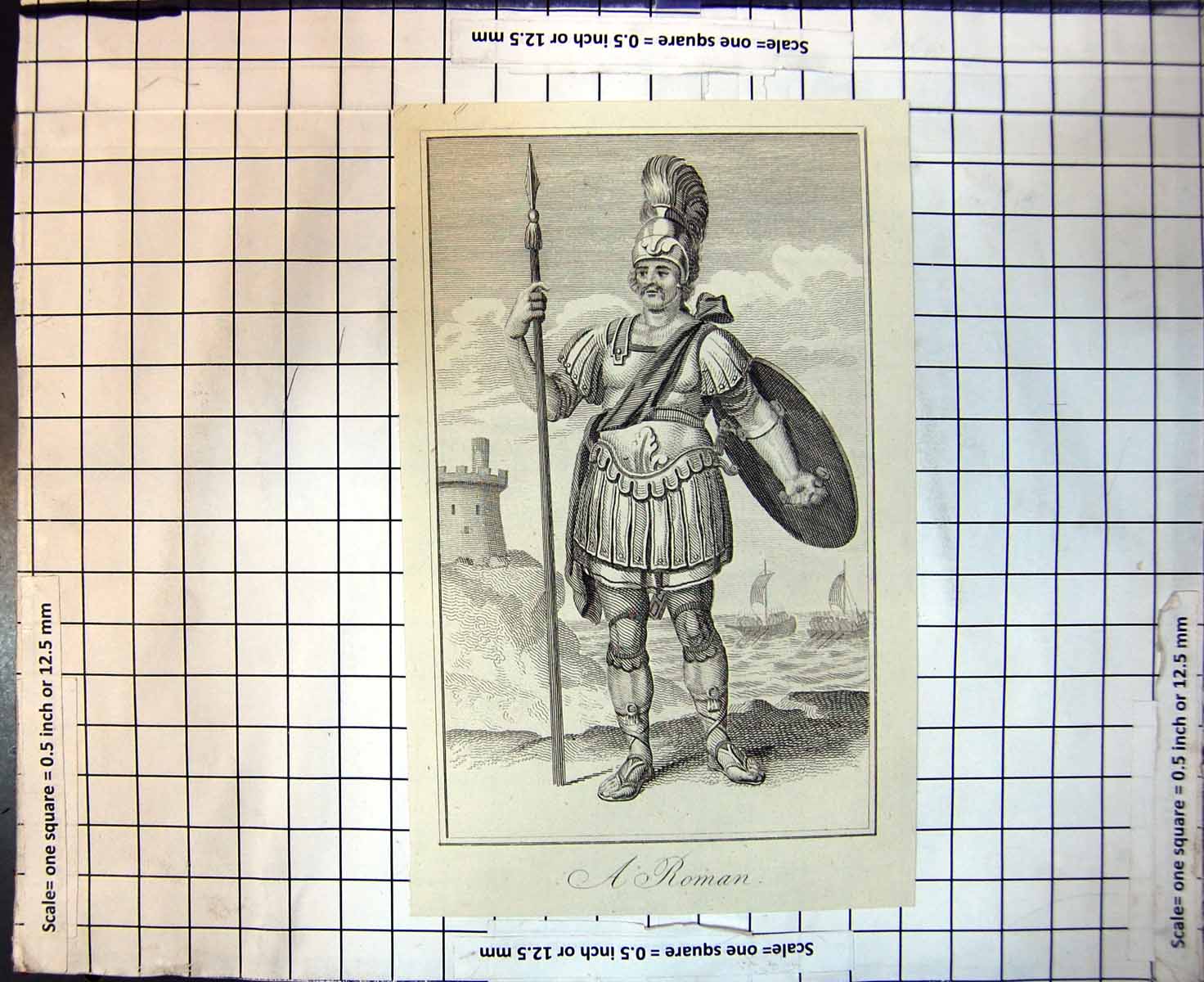 Original Old Antique Print Roman Sier Helmet Spear Shield Sandals Fort Ships