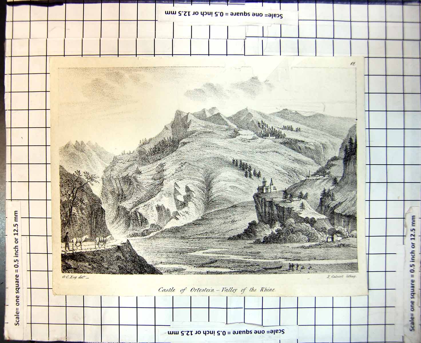 Original Old Antique Print Castle Ortestein Valley Rhine Edge Cliff Mountains