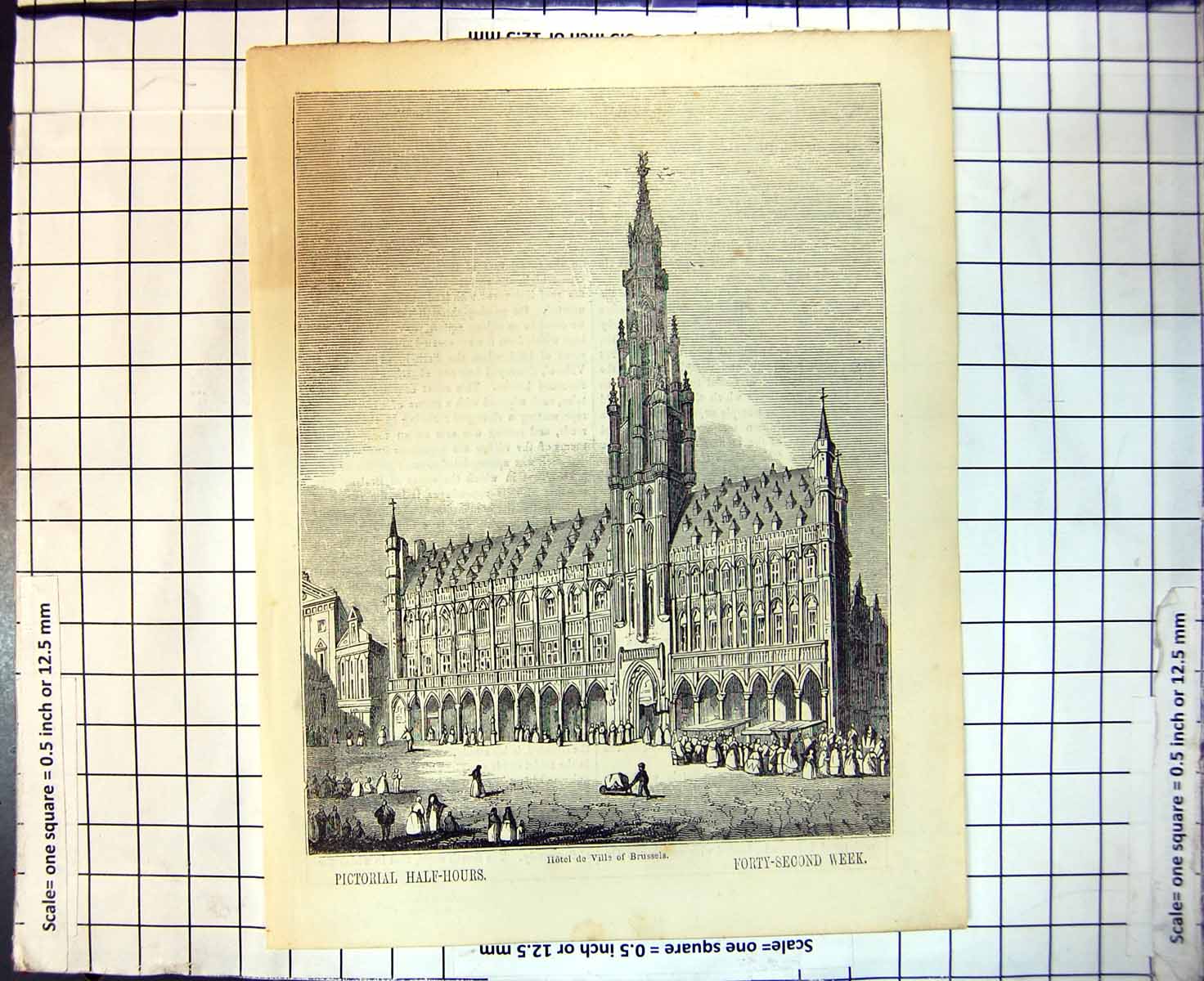 Original Old Antique Print Hotel De Ville Brussels