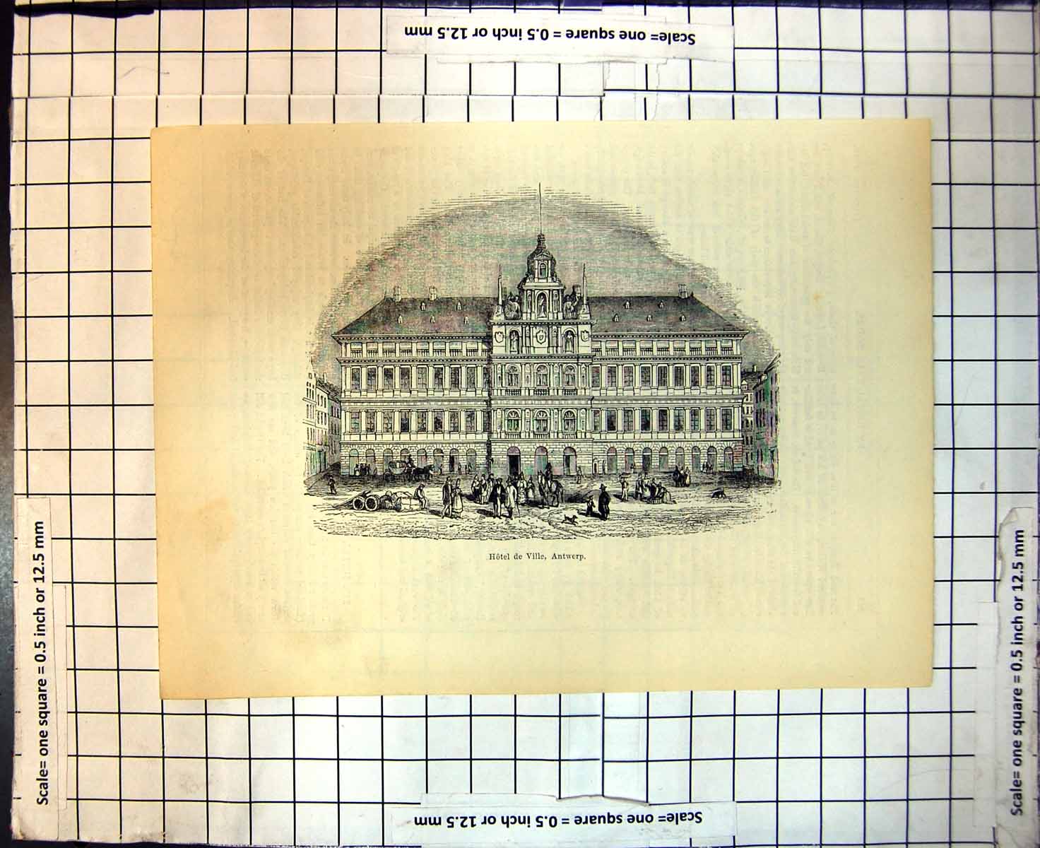 Original Old Antique Print Hotel De Ville Antwerp