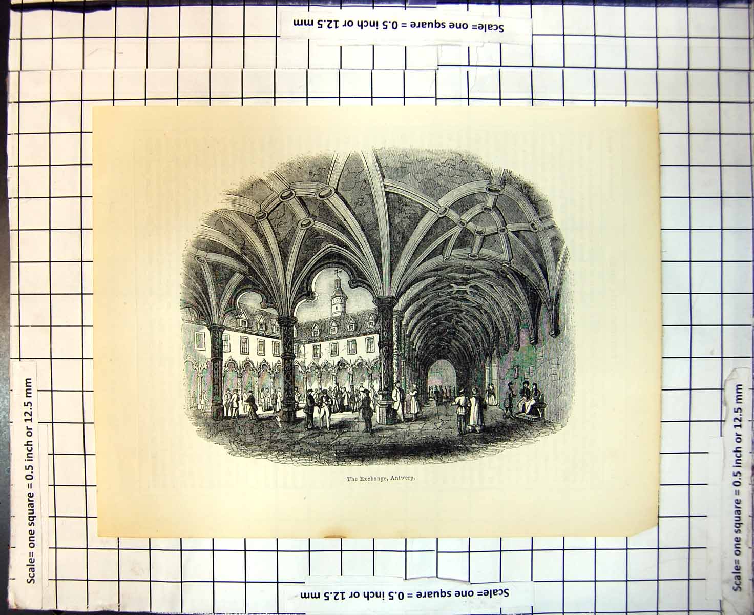 Original Old Antique Print The Exchange Antwerp