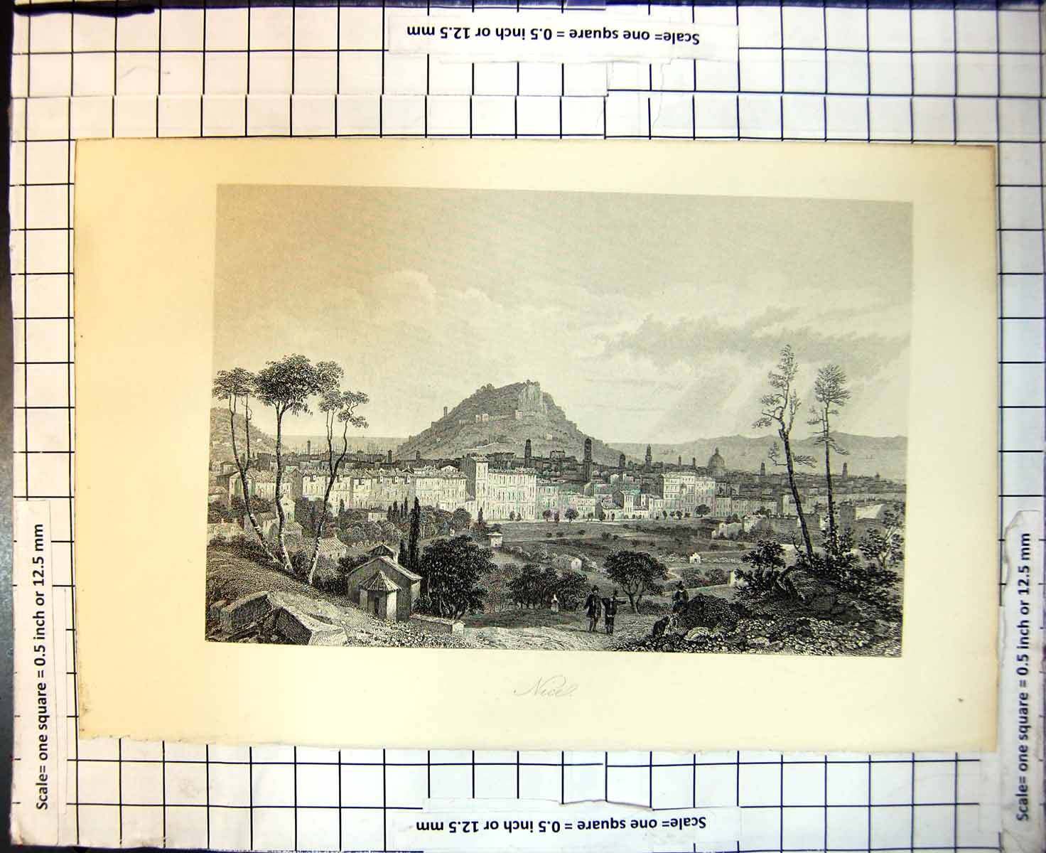 Original Old Antique Print Town Nice France Fort Hill