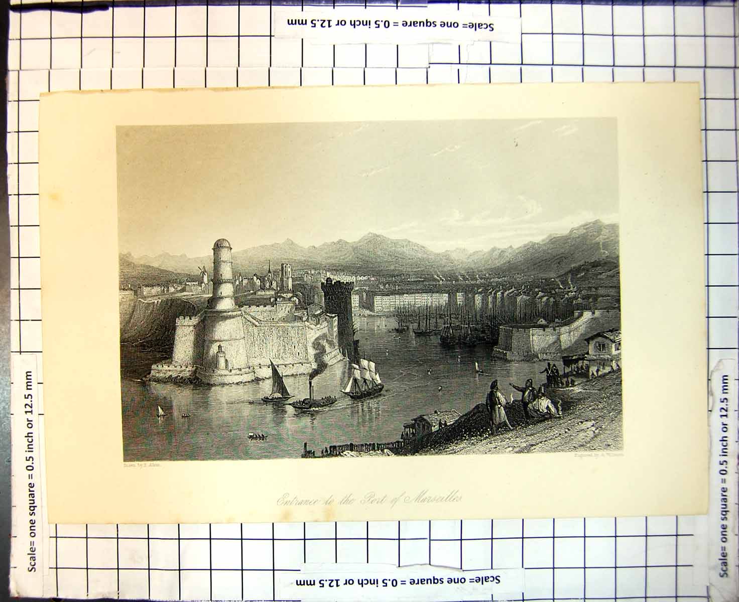 Antique Old Print Entrance Port Marseilles Ships T Allom A Willmore C 1865