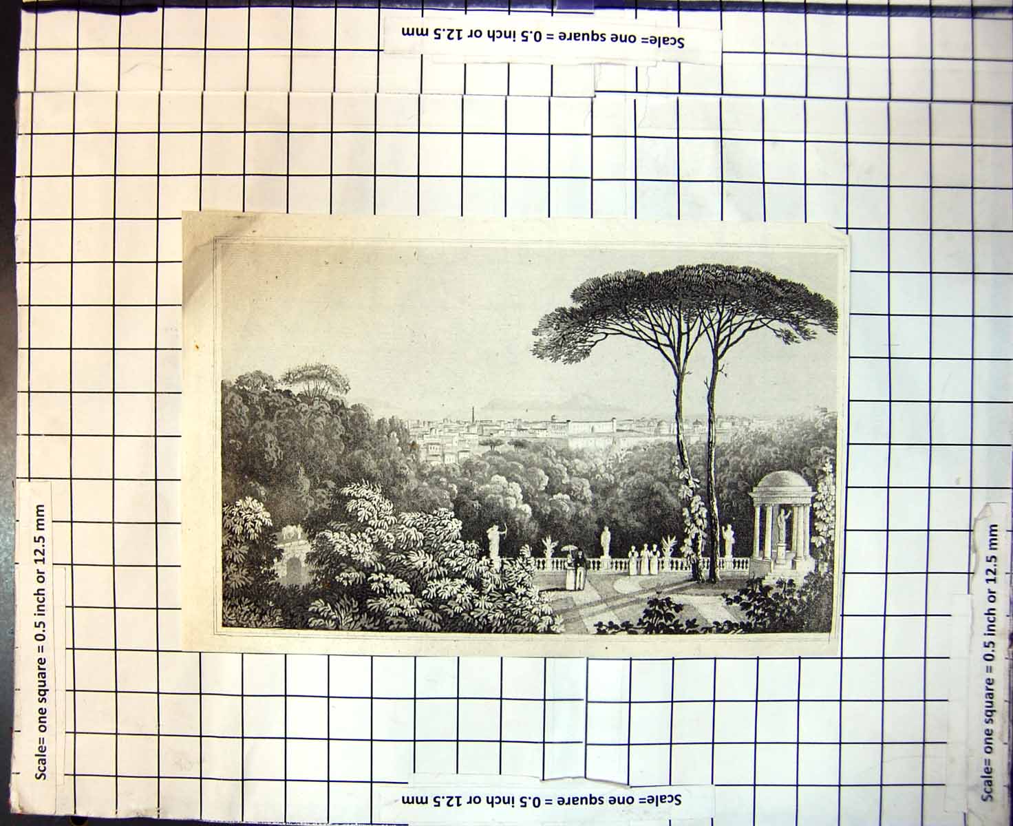 Original Old Antique Print View City From Gardens