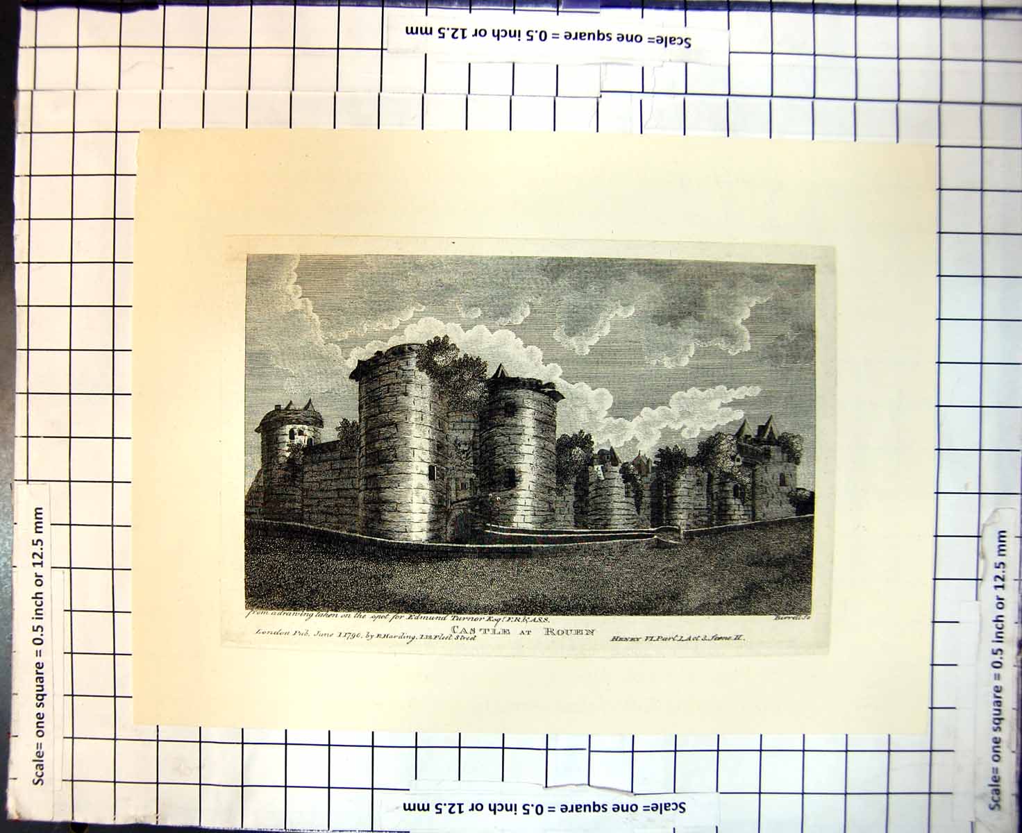 Original Old Antique Print Castle Rouen France Drawing Edmund Turner