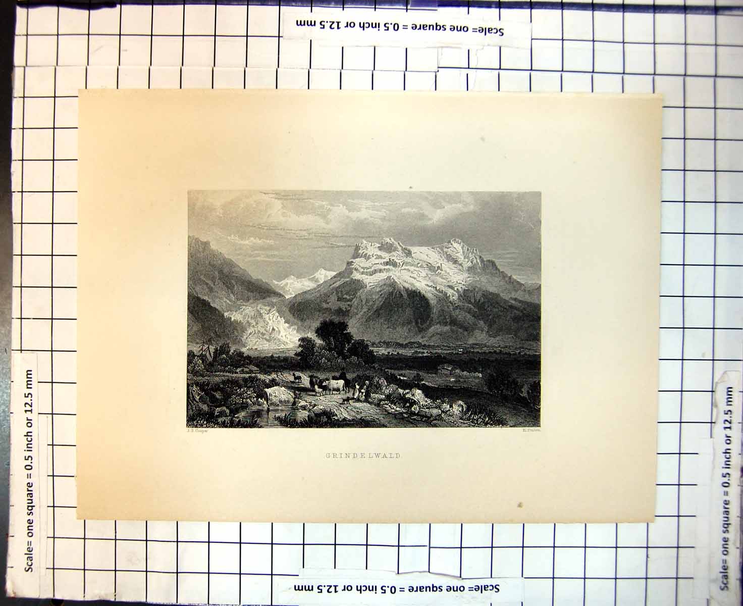 Old Antique Print Grindelwald Switzerland Valley Mountains Glacier Cows