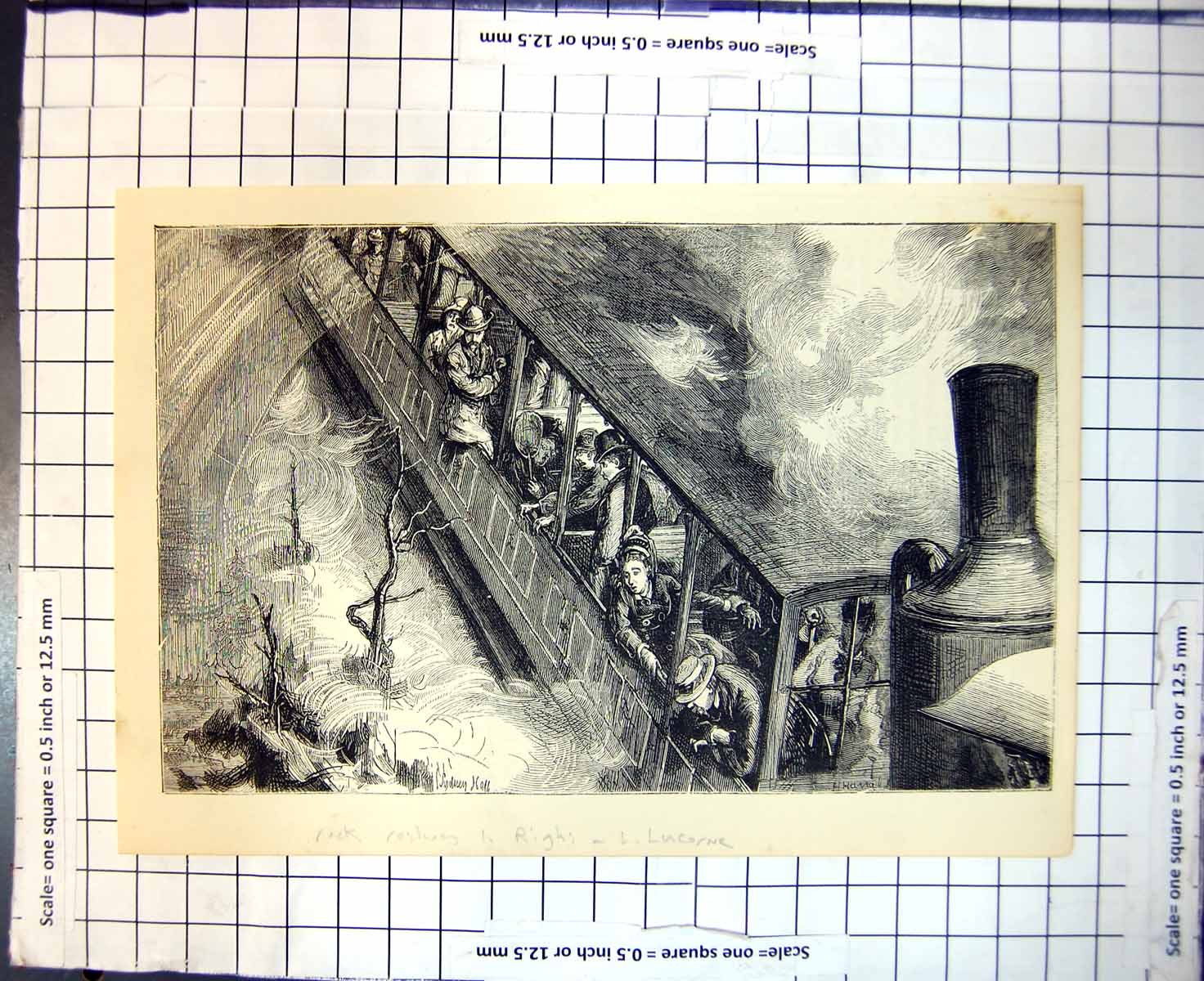 Original Old Antique Print Rock Railway Righi Lake Lucerne Train Carriage