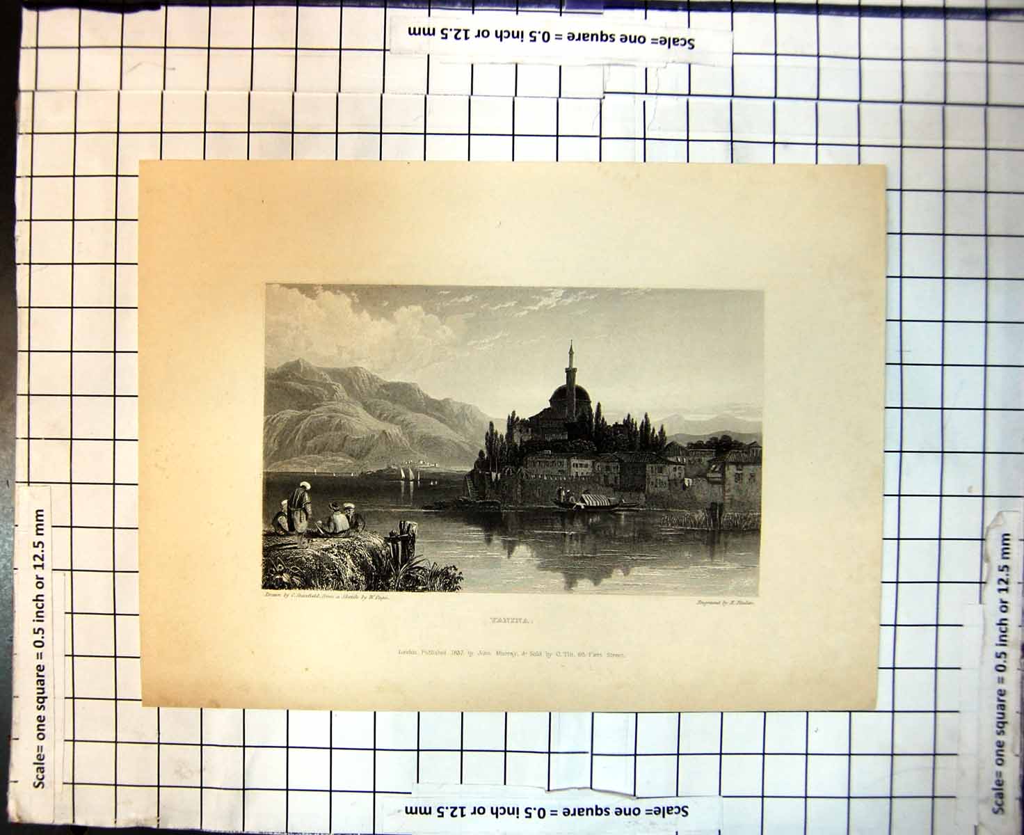 Antique Old Print Yanina Town Temple Edge Lake Boats Hills Stanfield W Page