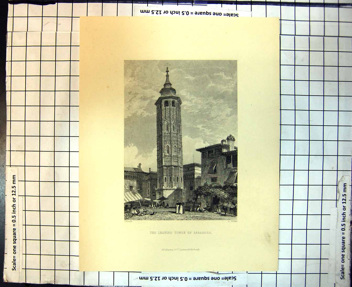 Original Old Antique Print Leaning Tower Saragoza J Lewis E Finden