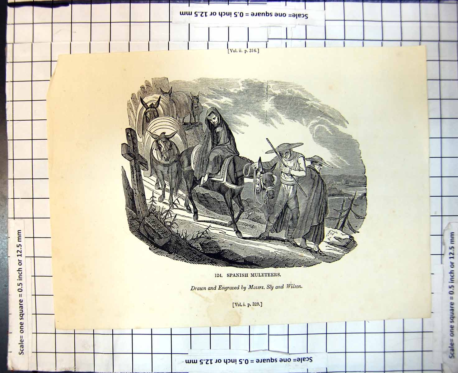 Antique Old Print Spanish Muleteers Leading Mules Rocky Path Sly & Wilson