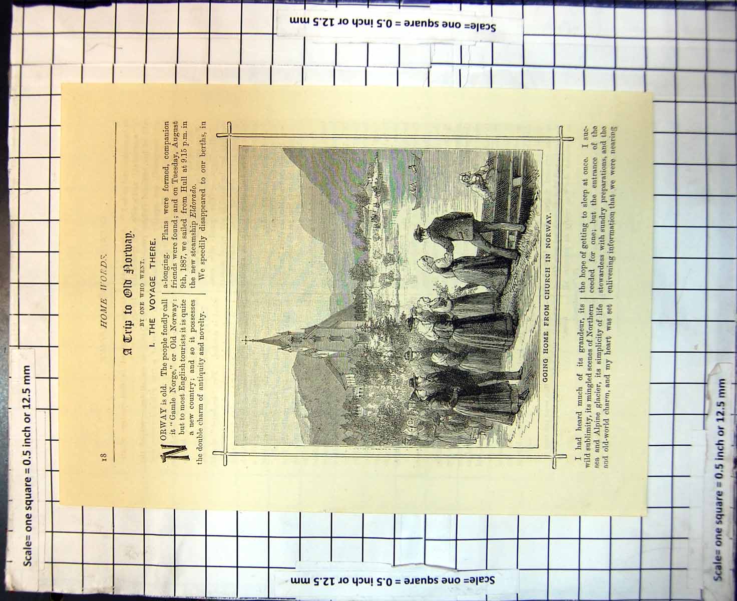 Original Old Antique Print Going Home From Church In Norway People Boat 1888