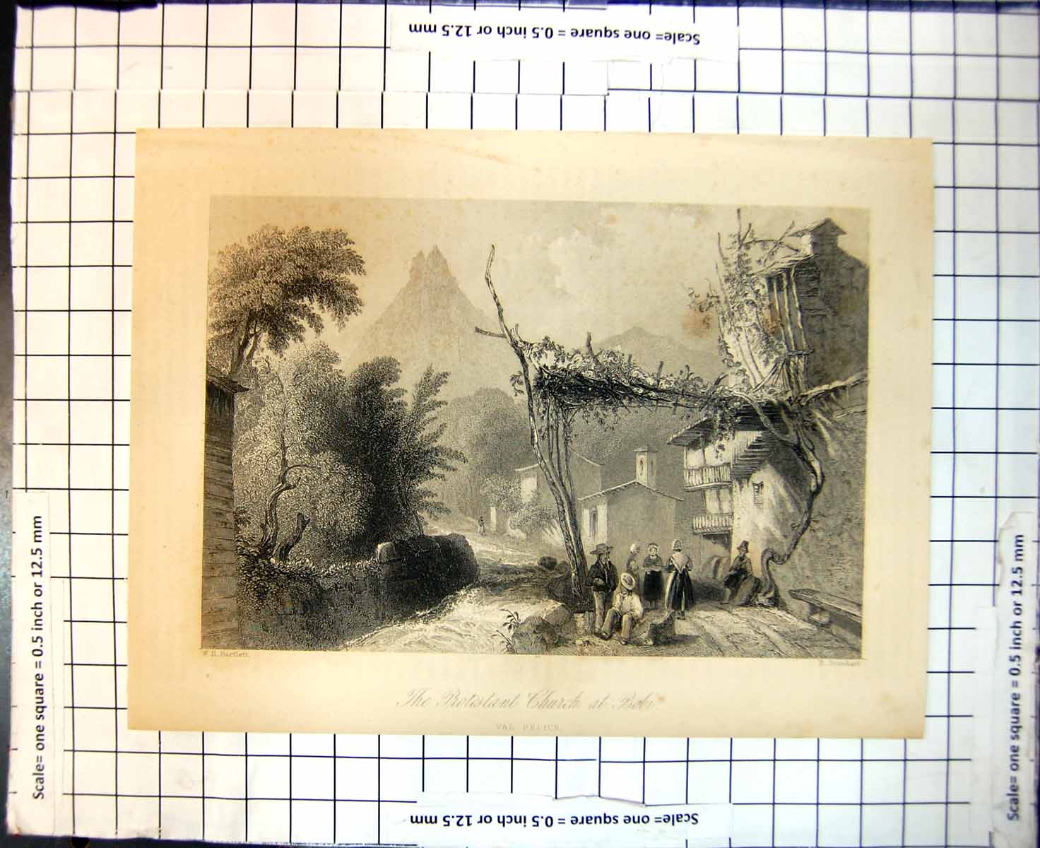 Original Old Antique Print Protestant Church Bobi Val Pelice Houses Mountains