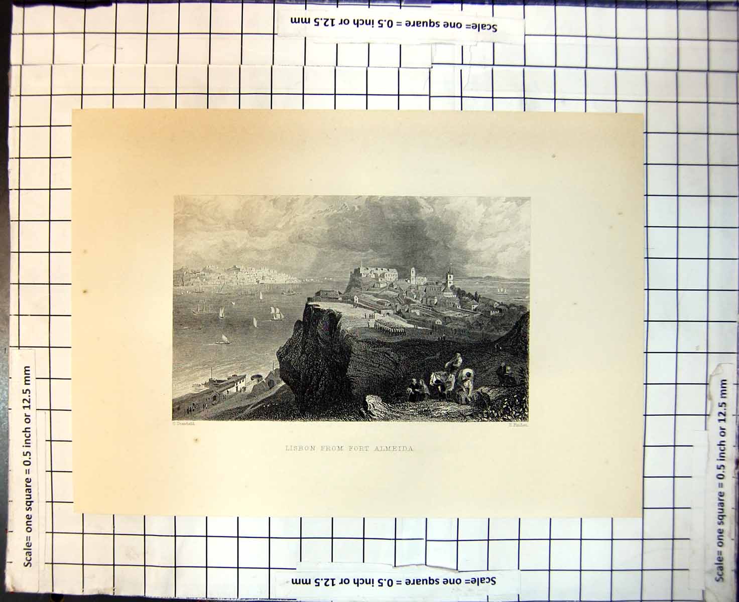 Original Old Antique Print Lisbon From Fort Almeida Across Sea Ships 1887 19th