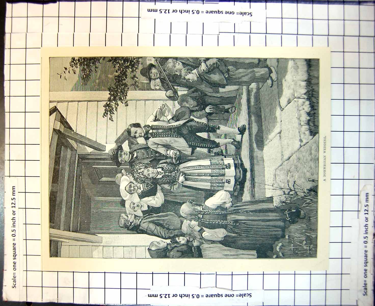 Old Antique Print Norwegian Wedding Wooden Church Traditional Dress 1887 19th