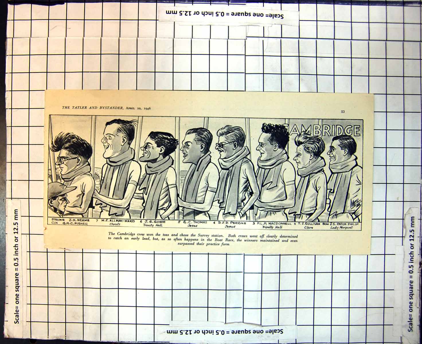 Old Sketch Cambridge Crew Boat Race Neame Gosse Thomas Perrins 1946 20th
