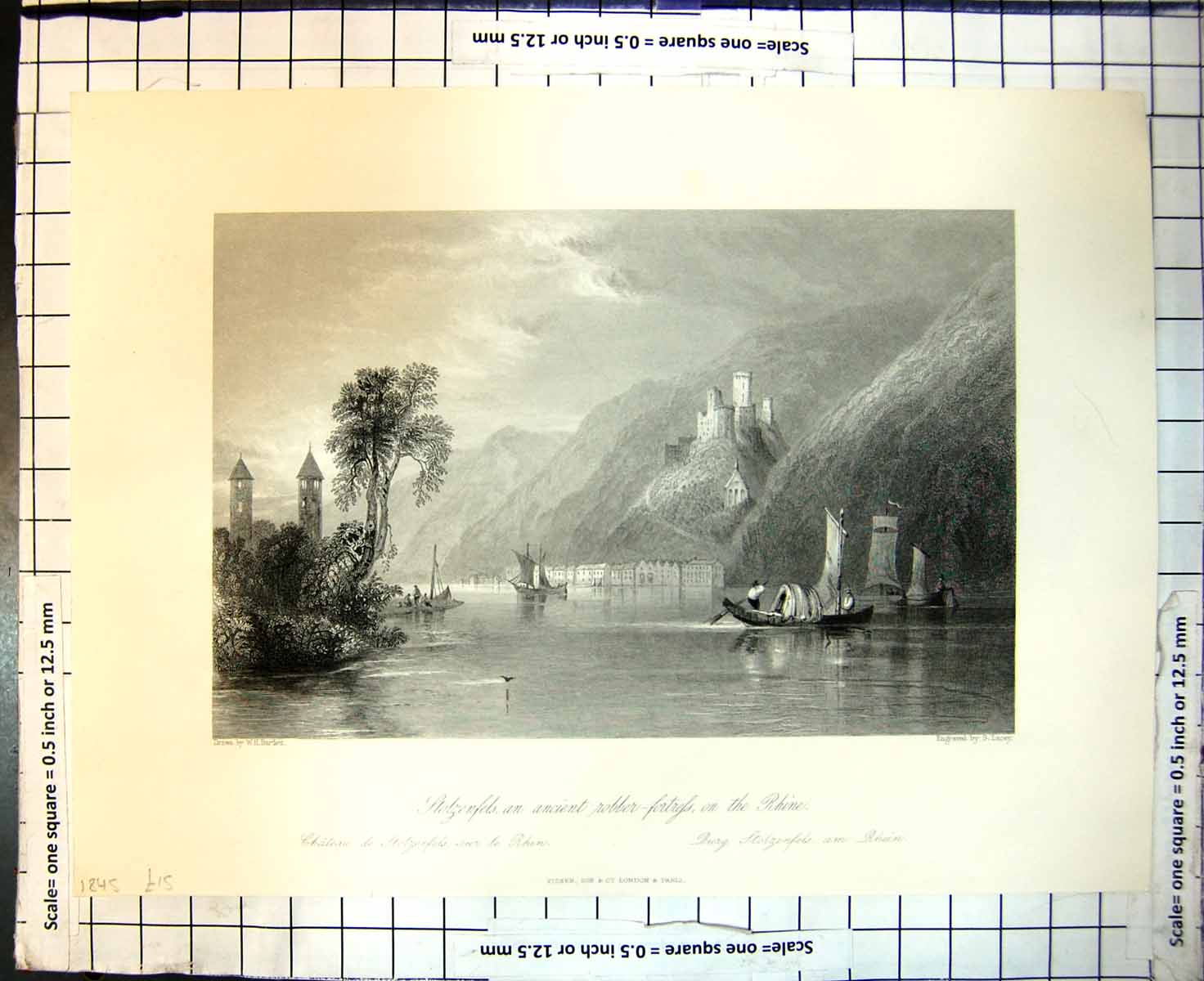 Old Print Stolzenfels Ancient Robber Fortress On Rhine Castle Town 1845 19th