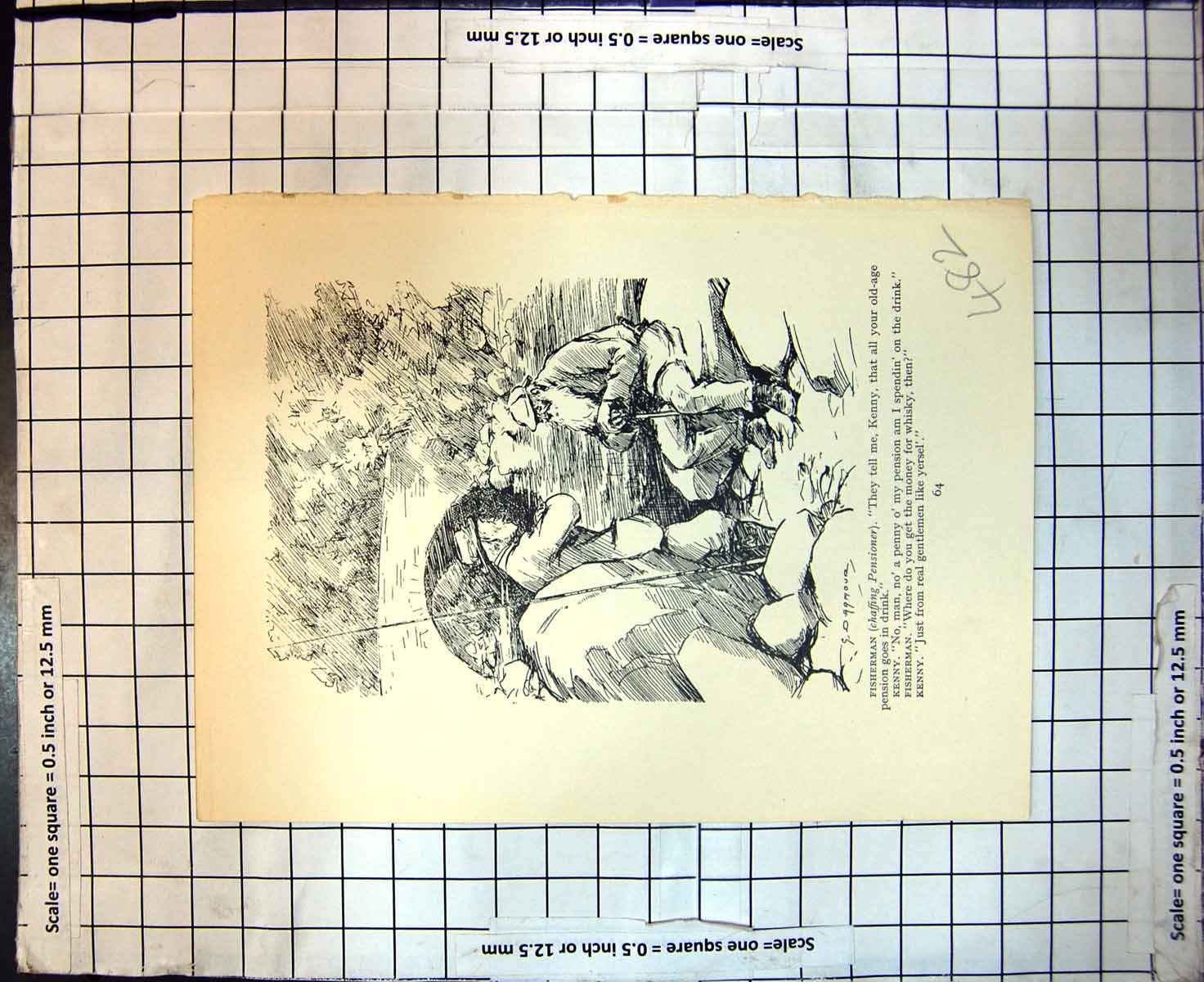 Antique Print Comic Sketch Fisherman Kenny Whisky Dominie Wee Sandy Water