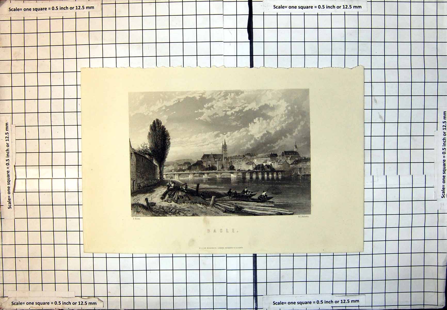 Old Print Basle Town Church Spires Bridge Fishermen Boats River Nets 109J